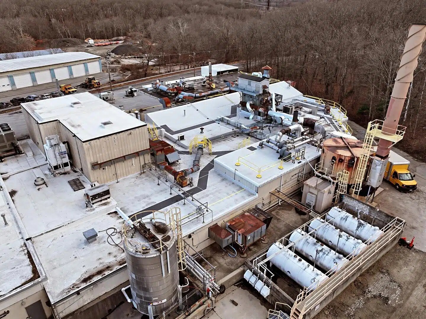 Aerial view of the complex industrial roof at Barrday in Millbury, Massachusetts