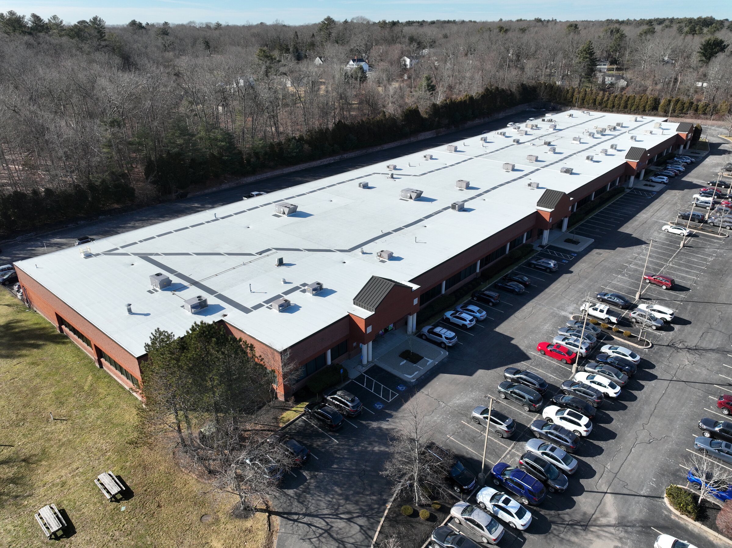 Aerial view of a repositioned commercial property at 25 Forbes Boulevard in Mansfield