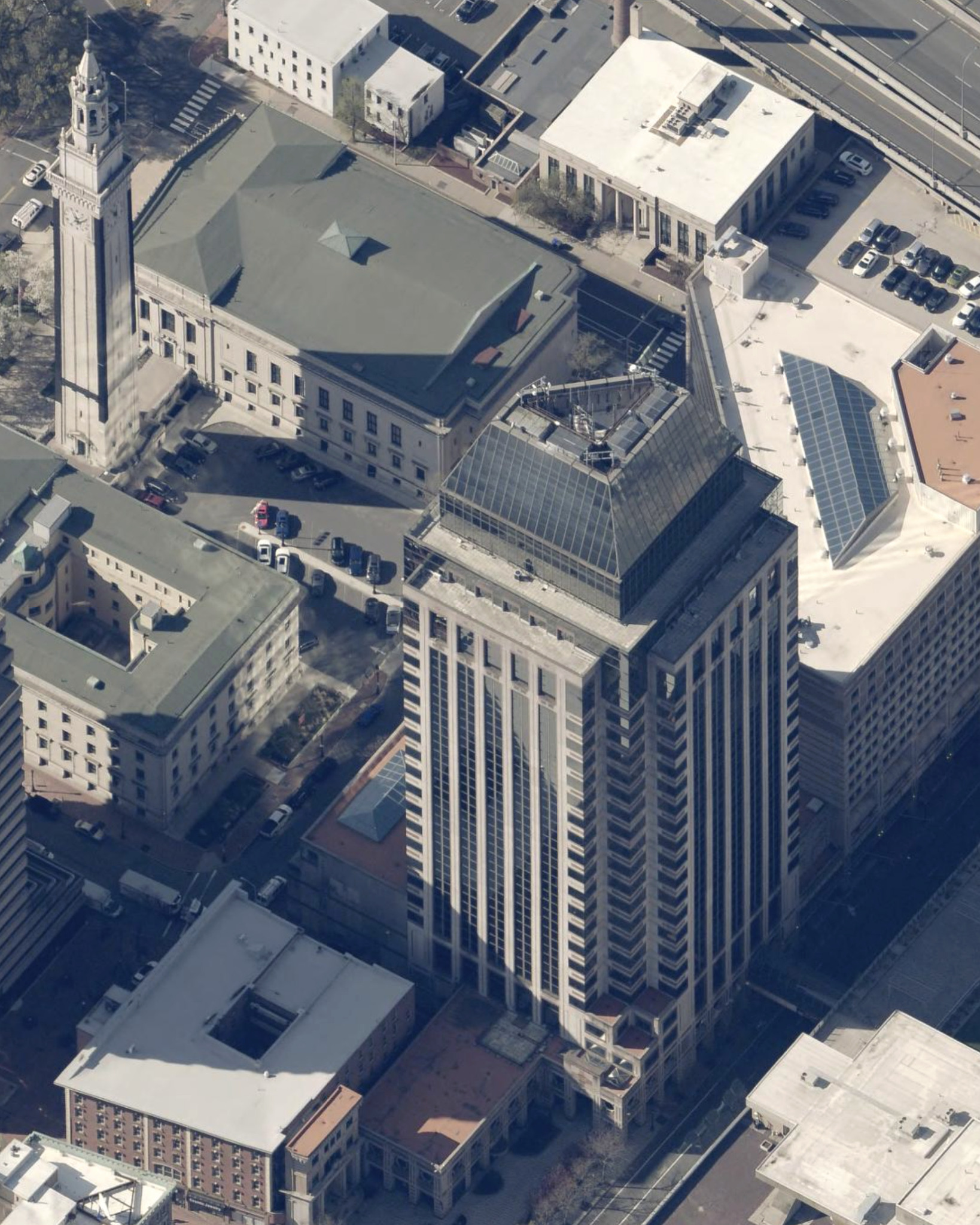 Aerial view of a complex high-rise roof in Springfield, Massachusetts